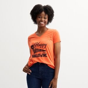 Orange Halloween Graphic V-Neck T-Shirt Happy Hallowine L